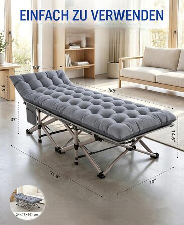 Ліжко туристичне розкладне Feldbett 7-зонне XXL 250 кг, 1200D Oxford, кут нахилу 15°, сіре – для кемпінгу, саду, палатки