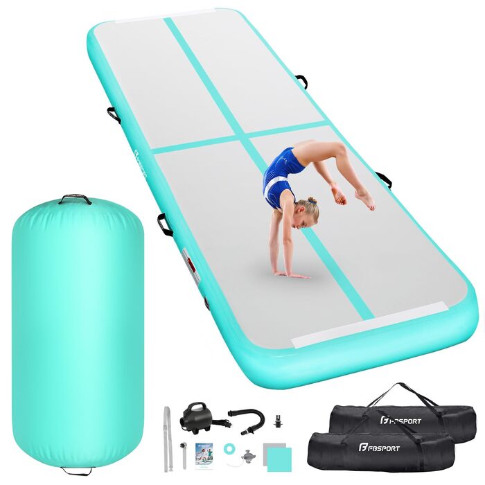 Airtrack FBSPORT 400x100x10 см зелений: килимок для гімнастики, акробатики, йоги з насосом та сумкою