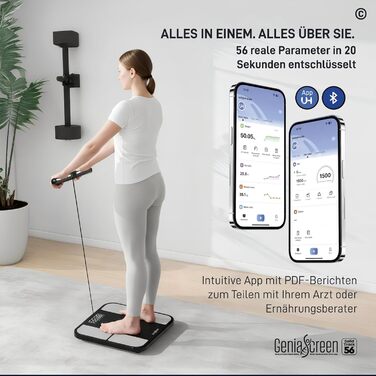 Вага для вимірювання жиру в тілі GeniaScreen SolidTrack - розумна вага з Bluetooth, LED-дисплеєм, 56 вимірювань, 180 кг, скло