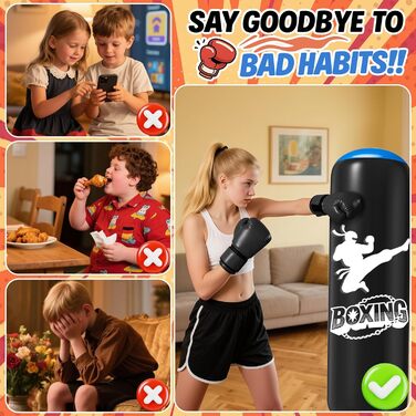 Дитячий боксерський мішок Ninonly з рукавичками, 160 см, посилений PVC, для карате, таеквондо, чорний та синій