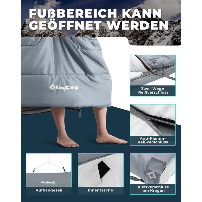 Сплячий мішок KingCamp для двох осіб, зимовий, для кемпінгу, сірий