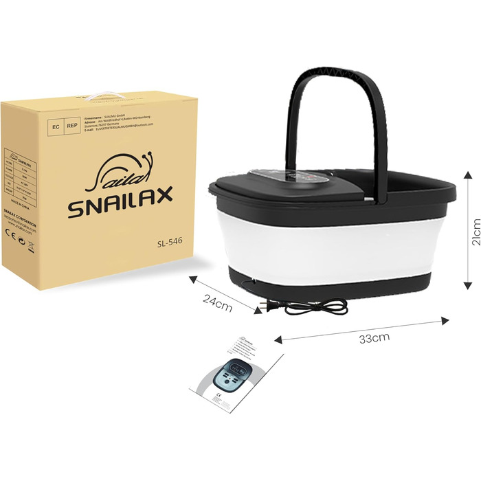 Електрична ванночка для ніг Snailax з масажем та підігрівом, 14 режимів нагріву, ролики Shiatsu, бульбашки, червоне світло, таймер, складна, чорна