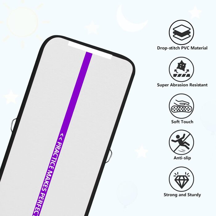 Гімнастичний надувний мат VOFiTNY товщиною 10/20 см для дому, парку та води. Розміри: 3/4/5/6 м. Підходить для йоги, акробатики та тренувань. Кольори: фіолетовий/чорний