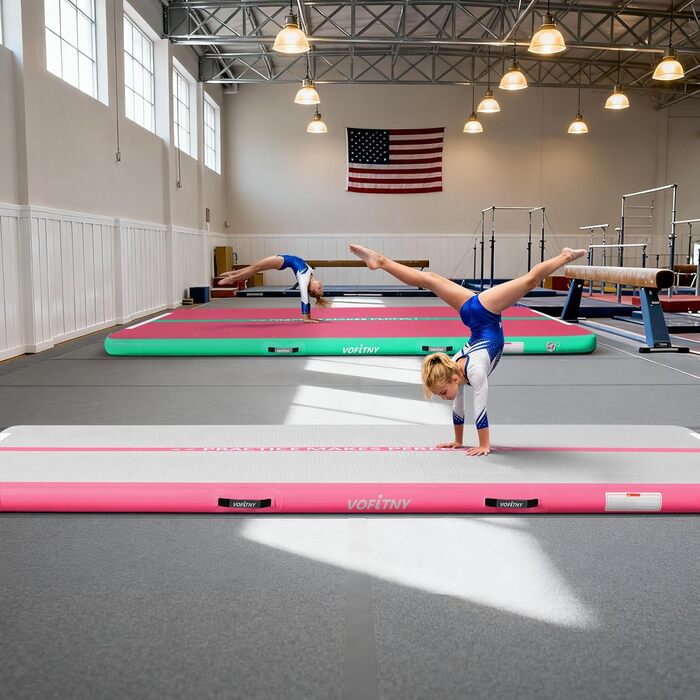 Надувна гімнастична мат для тренувань VOFiTNY (10/20 см товщина, 3/4/5/6 м довжина) для дому, парку та йоги (рожева)