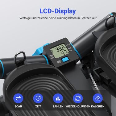 MERACH Міні степер 2-в-1 для дому з LCD-монітором, до 150 кг, з мотузками для тренування ніг, рук та сідниць, блакитно-чорний