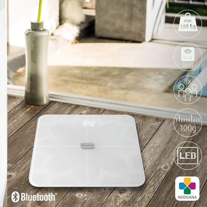 Medisana BS 450 Connect – цифрова вага для тіла, жирові та водні показники, аналіз м'язової маси й кісткової тканини, з додатком, чорна