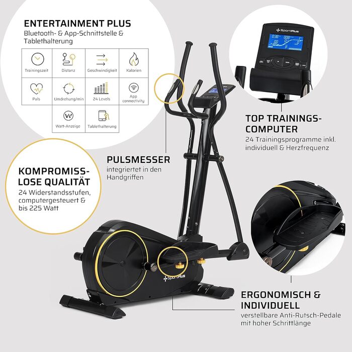 Еліптичний тренажер SportPlus для дому - тихий крос-тренажер з магнітним опором та комп'ютером - компактний та щадячий для суглобів з 24 рівнями опору - до 150 кг, чорний/сонячний (сумісний з додатком & новий дизайн)