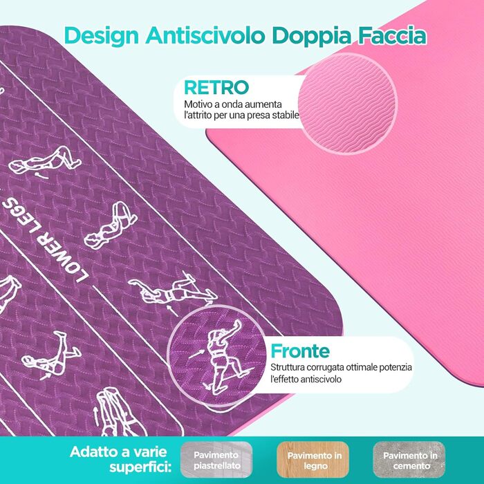 Килимок для йоги Sportmatte – 70 з друкованими позами йоги, неслизький матеріал TPE, для гімнастики, пілатесу, дому та подорожей, фітнес килимок для жінок та чоловіків, 181x63x0,6 см, рожевий та фіолетовий
