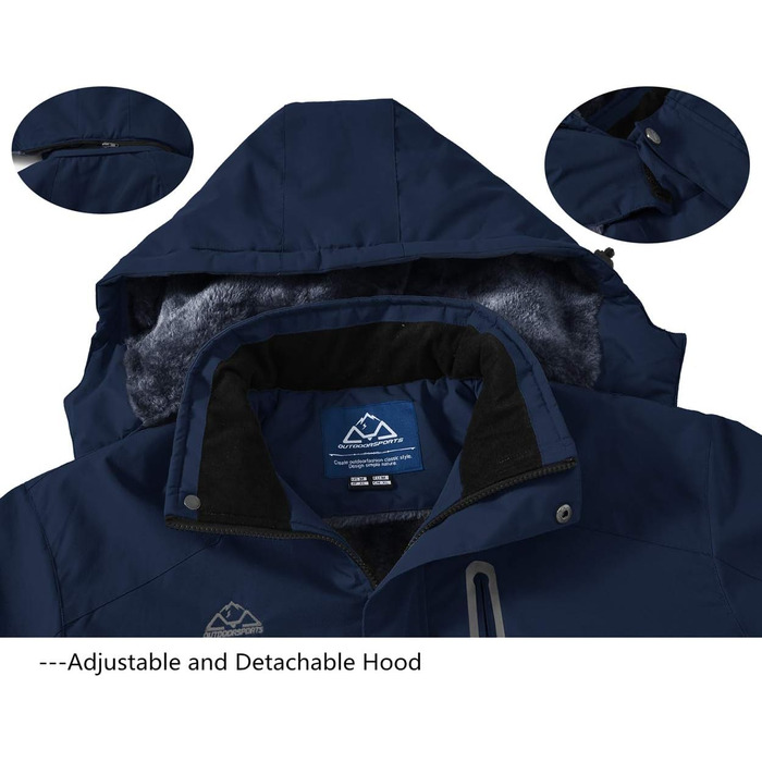 Чоловіча тепла куртка для сноуборду та гірськолижного спорту: флісова, зимова, вітрозахисна, для хайкінгу та активного відпочинку з капюшоном (XL, темно-синій)