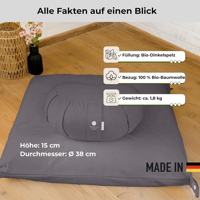 Зразок для медитації Zafu | Йога подушка з еко-дзержинського наповнювача | Подушка для медитації напі月 | Зроблено в Німеччині | Зручна подушка для медитації | Наволочка з 100% органічної бавовни (Антрацит)