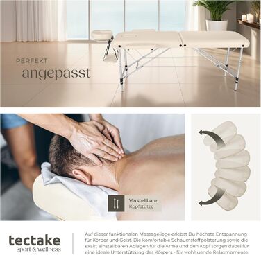 Масажний стіл Tectake 2 зони, складаний, з регулюванням висоти, з аксесуарами (головна підтримка, підлокітники, сумка) - бежевий