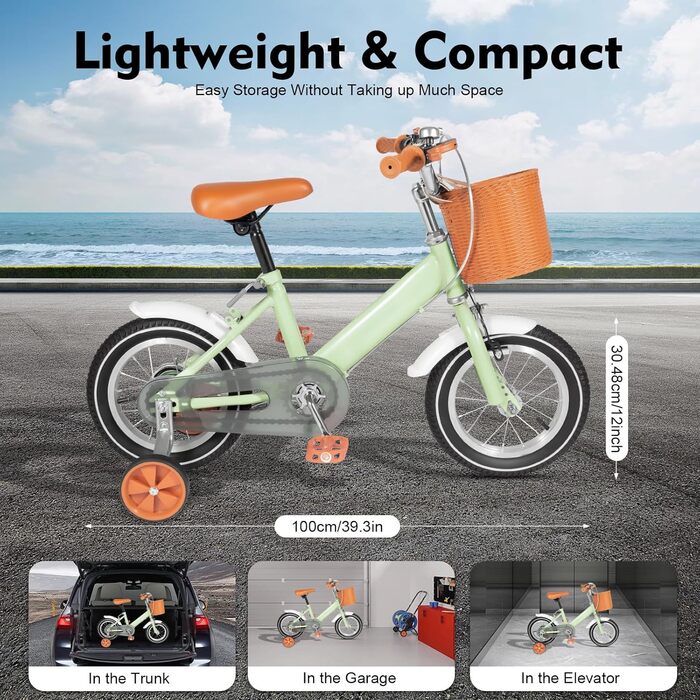 Дитячий велосипед 12 дюймів, для дітей 2-4 років, з кошиком та додатковими колесами, регульоване сидіння та кермо, подвійне гальмо, зелений