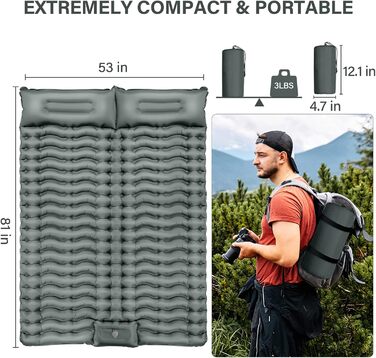 Кемпінговий килимок Yuzonc Double, самонадувний, з насосом для ніг, ультралегкий, товстий, сірий. Підходить для кемпінгу, подорожей, хайкінгу та наметів.