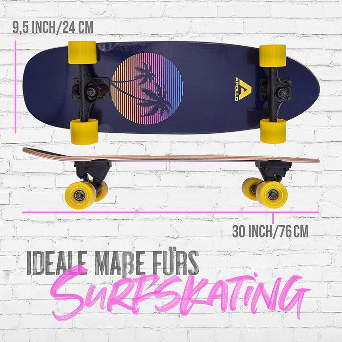 Apollo Surfskate Pro: Лонгборд для дорослих та дітей (Miami Sunset) | Круїзер для стрітсерфінгу, карвінгу та пампінгу | Якісна Surf Skate вісь