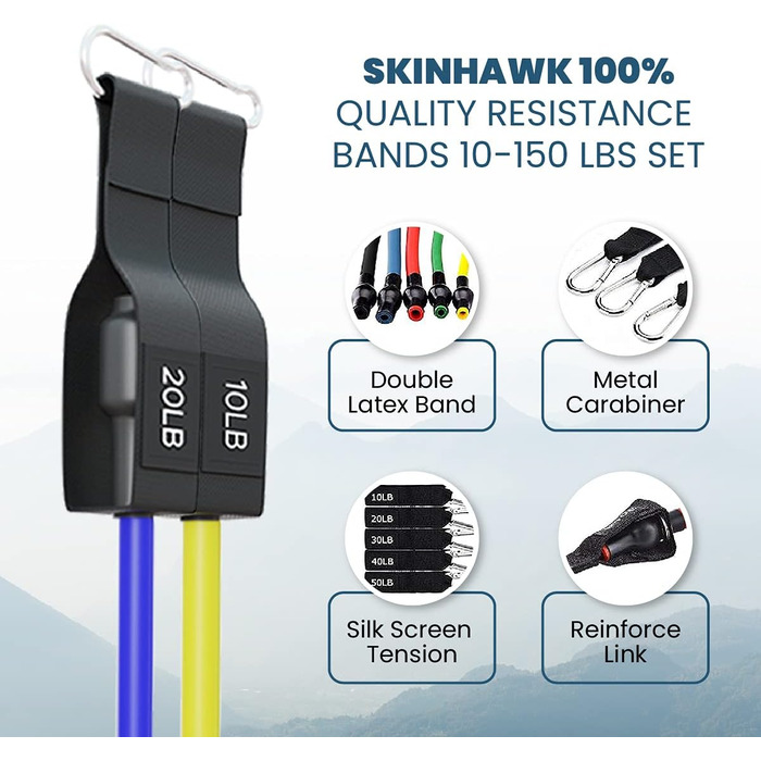 Стрічки для фітнесу SKINHAWK Premium: 5 еластичних стрічок, набір для тренувань з ручками, манжетами, сумкою та кріпленням для дверей. До 150lbs.