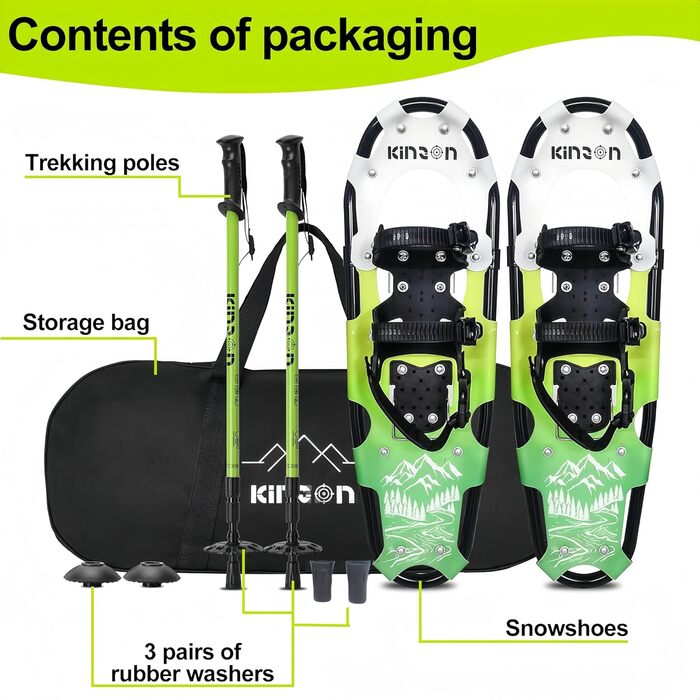 Снігоступи KinZon 3-в-1: легкі, міцні, з трекінговими палками та сумкою, підйом на п'яті, для походів, зелені, 63.5 см (для ваги 54-86 кг)
