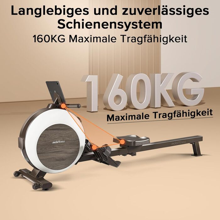 MOBI FITNESS: Горизонтальний тренажер для дому з магнітним опором, 40 рівнів, максимальне навантаження 160 кг, LED-дисплей (сумісний з Apple Watch)