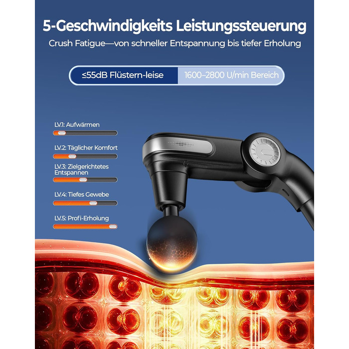 Масажер для тіла KingPavonini з висувним руків'ям та складним голівкою, масажна пістолета для спини з 3 регульованими кутами та 4 насадками, масажер - подарунок для чоловіків та жінок, чорний