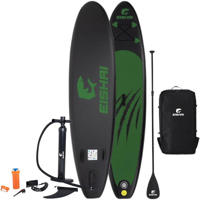 EISHAI Sharkbite надувна SUP-дошка, комплект 7-в-1: весло, страховочний шнур, насос, ремкомплект, для жінок і чоловіків, навантаження до 130 кг, синя, компактна