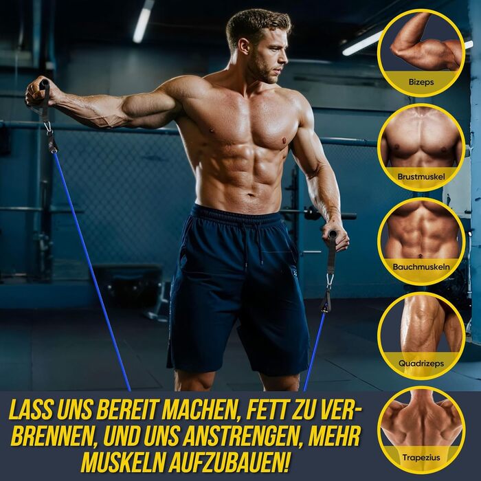 Набір еластичних стрічок для фітнесу Fokky Fitnessbänder Resistance Bands Set, 5 стрічок різної міцності, з анкерами для дверей, ручками та кігтями, для пілатесу, силових тренувань, чорний, червоний, синій, зелений, жовтий