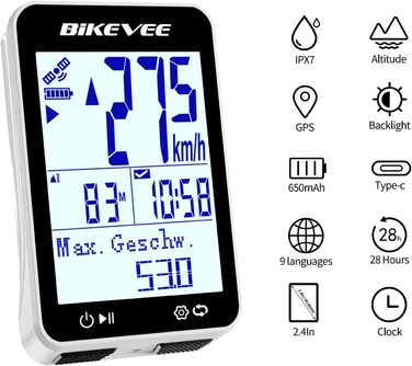 Велокомп'ютер GPS бездротовий, водонепроникний IPX7, 2.4'' FSTN дисплей, білий - з подовженим тримачем