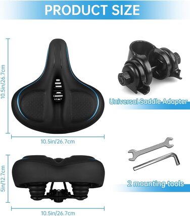 Широке велосипедне сідло з гелевою подушкою для жінок та чоловіків, комфортне, водонепроникне, дихаюче, з пам'яті ефекту, з інструментами для міських, шосейних, гірських велосипедів/фітнес-велотренажерів (Чорний/Синій)