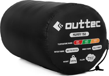 Спальний мішок Outtec з капюшоном, мумієподібний, ультралегкий, компактний, для кемпінгу, дітей та дорослих, для активного відпочинку, чорний
