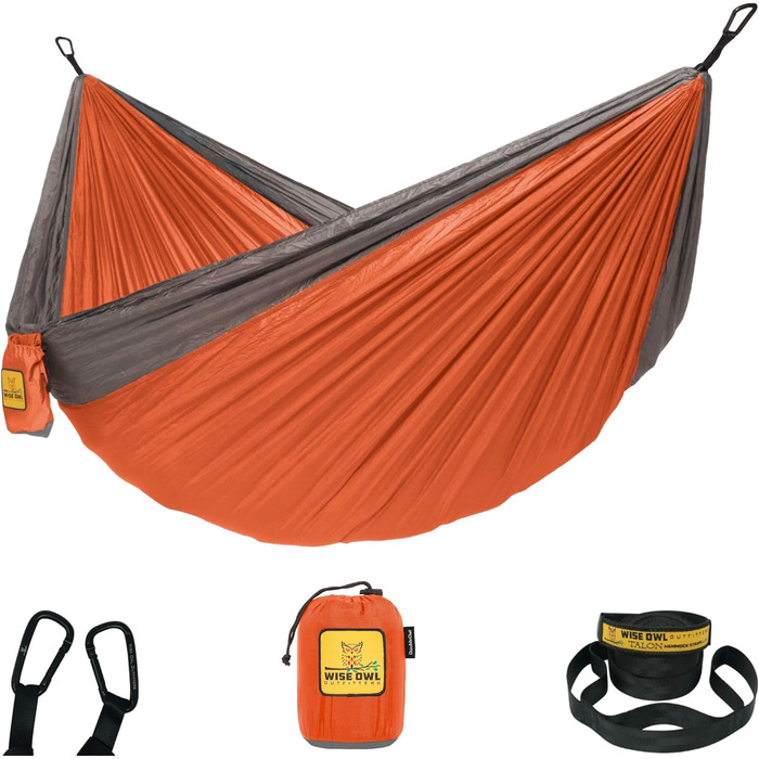 Гамак для кемпінгу Wise Owl Outfitters – односпальний або двоспальний, для дому та вулиці, з сумкою для зберігання, аксесуарами для рюкзака та подорожей, оранжевий / сірий