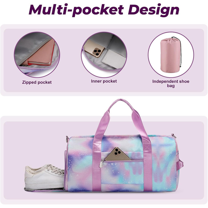 Спортивна сумка Flintronic для дівчаток та жінок, дитяча сумка для плавання з відділенням для взуття та вологостійкою кишенєю, для фітнесу, танців та подорожей, фіолетова, 46x20x25 см