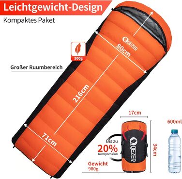 Сплячий мішок пуховий зимовий, 600FP+ преміум-пух, 12°C -24°C, легкий та теплий для 3-4 сезонів, кемпінг, трекінг, походи, оранжевий