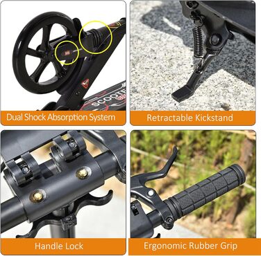 HOMCOM Скутер кикборд складаний, чорний, для підлітків та дорослих, до 100 кг, з двома гальмами та подвійною підвіскою