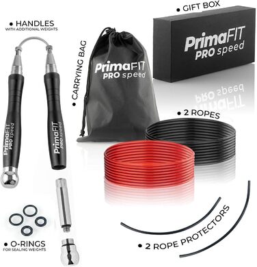 Скакалка PrimaFIT для дорослих, професійна, 3 м, зі змінними вагами, 2 підшипники, нековзні ручки, для боксу, MMA, кросфіту, сталева, чорна, з сумкою