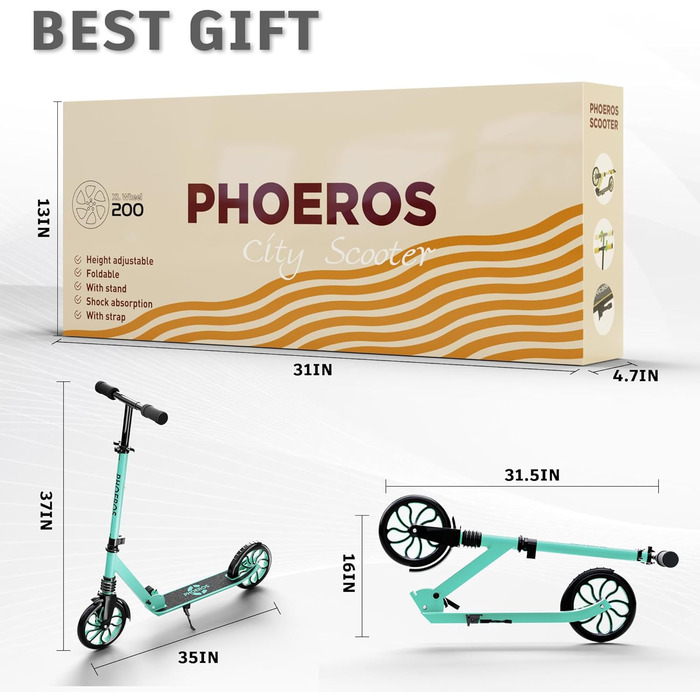 Дитячий трюковий самокат PHOEROS для дітей, підлітків та дорослих. Легкий міський самокат з алюмінію з великими колесами 200 мм, складний, 3-рівнева регулювання висоти, амортизація.