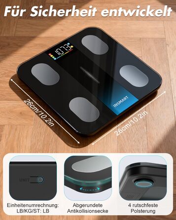 Ваги підлогові Insmart з Bluetooth, аналізатор складу тіла (16 параметрів): вага, BMI, жир, м'язи, вода, чорні