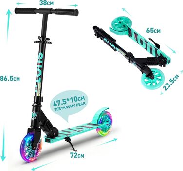 Самокат дитячий SUOTU з колесами 145 мм, до 100 кг, світлодіоди, складаний, регульована висота, для хлопчиків та дівчаток, алюмінієвий (Чорно-синій)