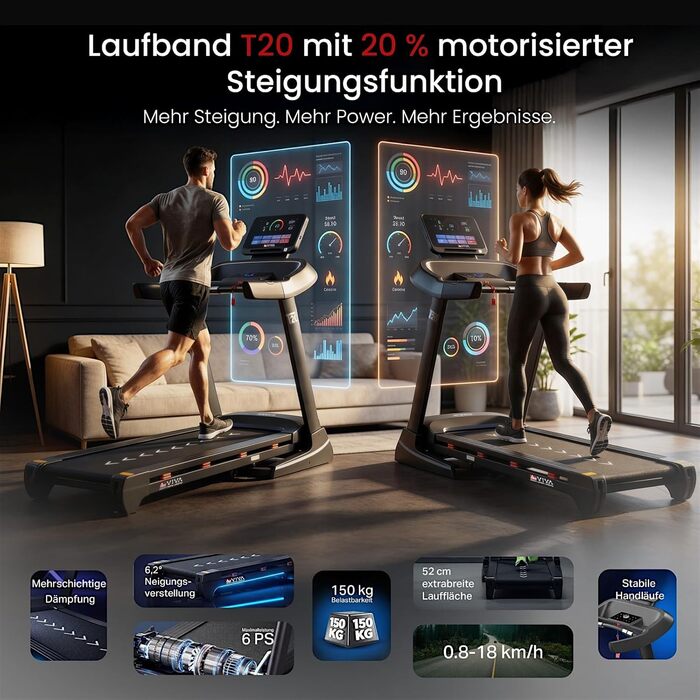 Бігова доріжка AsVIVA T20 Pro для дому: складана, швидкість до 18 км/год, нахил 20%, амортизація, макс. вага 150 кг, тренажер для кардіо та витривалості