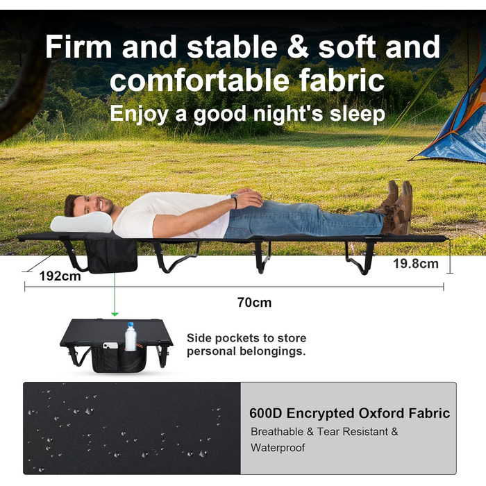 Легке туристичне ліжко для кемпінгу, 160 кг, чорне. Розкладне, портативне, для відпочинку на природі, вдома, в горах, на дачі.