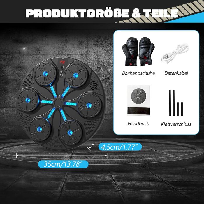 Музична бокс-машина Baoblaze з Bluetooth, 8+ режимів тренування, динамічне підсвічування, для боксу, карате, тхеквондо, з рукавичками, чорна