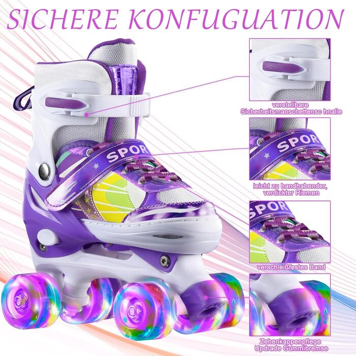 Роликові ковзани для дівчаток 4-12 років - регульовані ролики для дітей, для дому та вулиці, розмір L (36-39 EU/240-270 mm), фіолетовий