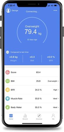 Інтелектуальна вага для тіла з Bluetooth, HFitness, вимірювання жиру, BMI, iOS/Android, чорний колір з блакитною підсвіткою