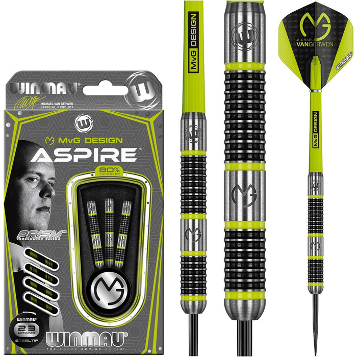 Дротики WINMAU Michael Van Gerwen MvG Aspire 23 г, вольфрамові, сталевий наконечник, з призмовими крилами та нейлоновими стрижнями