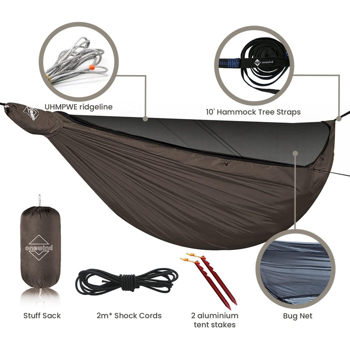 Гамак туристичний Onewind Premium 11' з москітною сіткою та ременями для кріплення, 335x162 см, коричневий