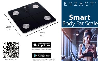 Цифрова вага для тіла та аналізу жиру Exzact з підключенням до App (iOS & Android) - Bluetooth, 180 кг, kg/st/lbs, чорний колір