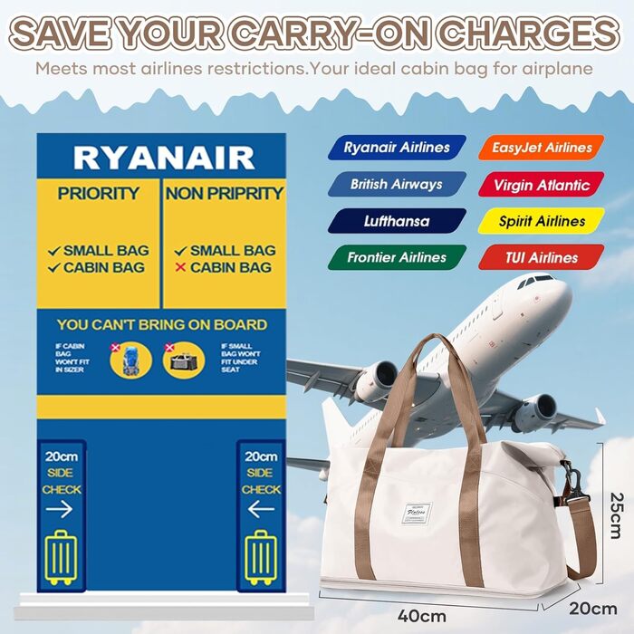 Жіноча спортивна сумка для подорожей 40x20x25 см, ручна поклажа Ryanair, водонепроникна, для залу, тренувань, плавання, бежева