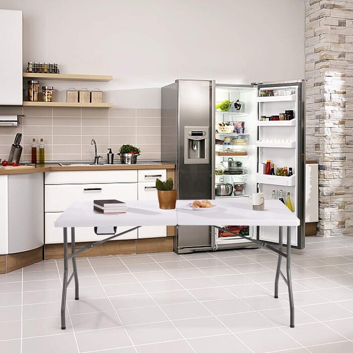 Складаний стіл RELAX4LIFE з ручкою для перенесення, 153 x 74 x 74 см, білий. Витримує до 150 кг. Ідеальний для кемпінгу, саду, балкону, пікніків та ринку.