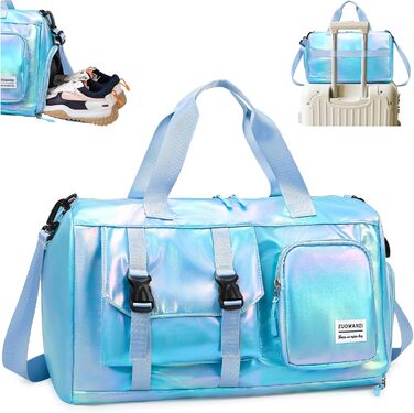 Спортивна сумка Tokeya для жінок з відділенням для взуття та мокрих речей, водонепроникна, блискуча, легка, складна, сумка-мішок для спорту, фітнесу, тренувань, подорожей (Блакитна)