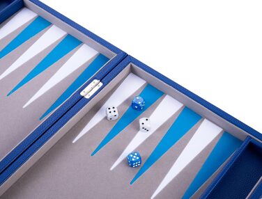 Набір для гри в кістки Енгельхарт Люкс 38 см - преміум якість, шкірозамінник, спеціальне покриття з фільцу, перламутрові кубики та фішки + 2 стаканчики - професійний та для дому, блакитний
