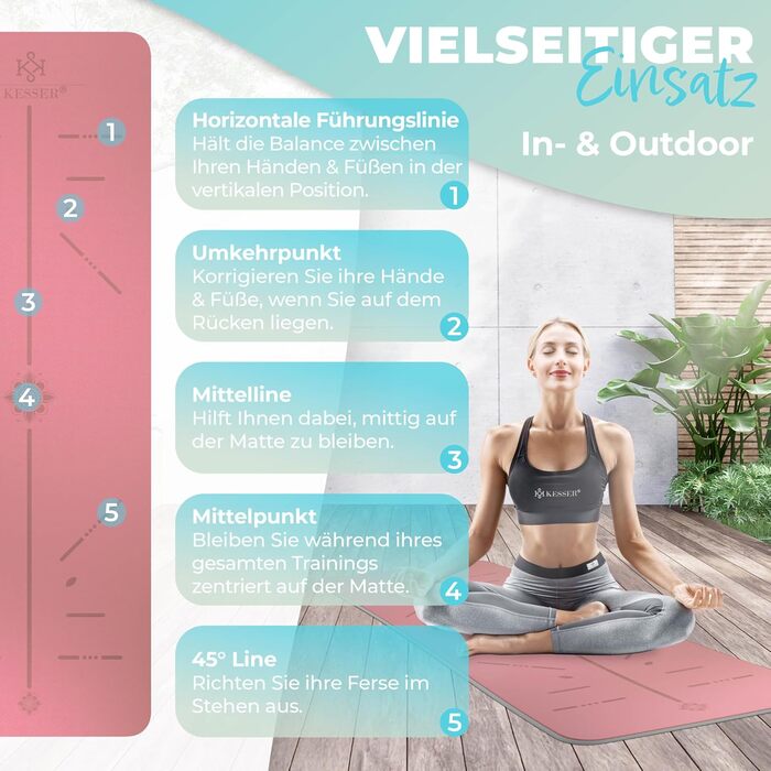 Килимок для гімнастики KESSER® з ручкою для перенесення, TPE, неслизький, фітнес, 183 x 61 см, для фітнесу, спорту, пілатесу та гімнастики, рожевий