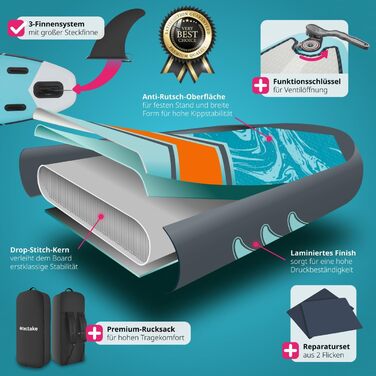 Надувна SUP-дошка tectake® з насосом, сидінням, веслом, фіннами, рюкзаком, до 200 кг, для водного спорту та падлінгу