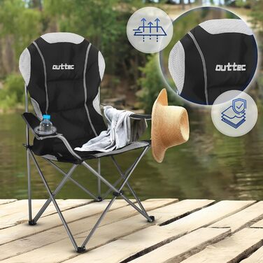 Зручний складаний стілець для кемпінгу Outtec: 130 кг, висока спинка, підсклянник, сумка, зелений (чорний)